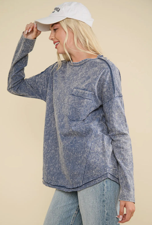 Vintage Washed Long Sleeve Pocket Top - Denim