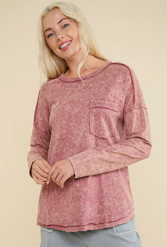 Vintage Washed Long Sleeve Pocket Top - Mauve