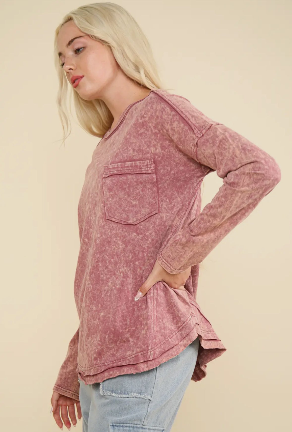 Vintage Washed Long Sleeve Pocket Top - Mauve