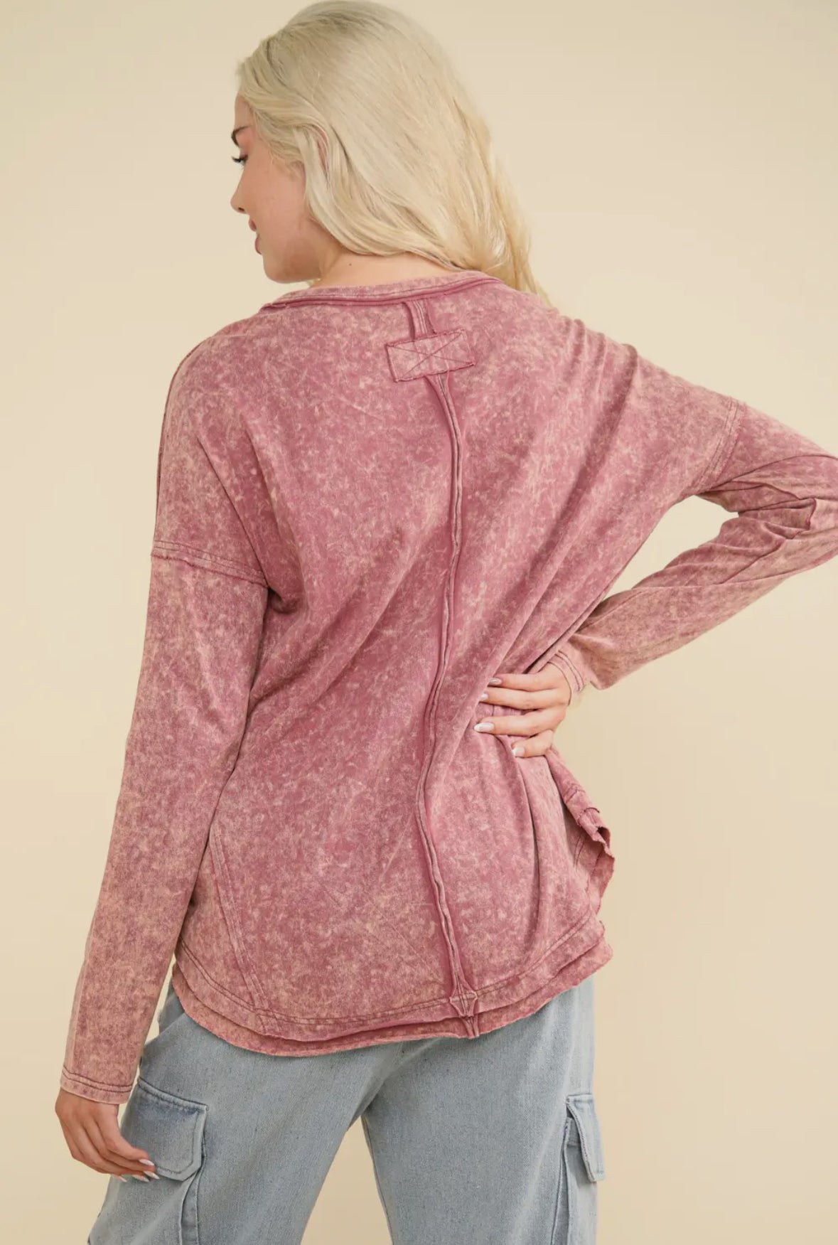 Vintage Washed Long Sleeve Pocket Top - Mauve