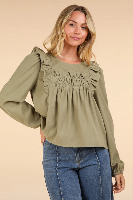 Olive Ruffle Smock Top